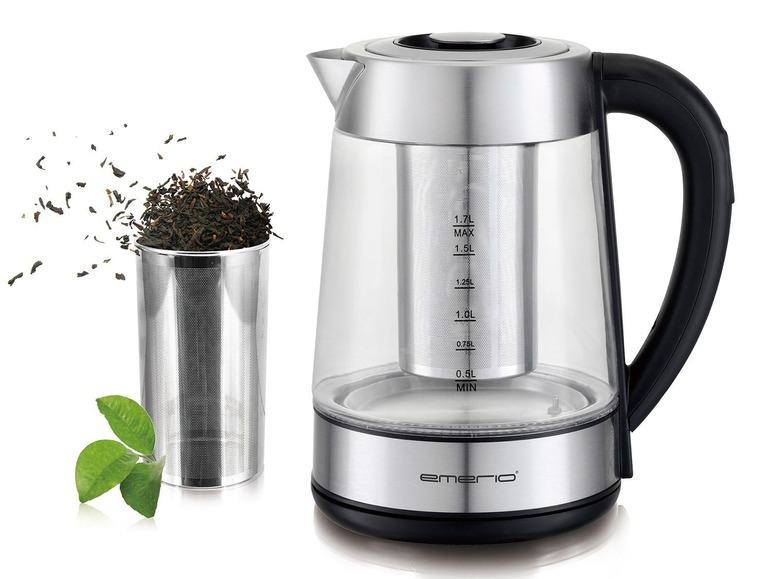 Ein Glas-Wasserkocher mit Tee-Infuser von Emerio.