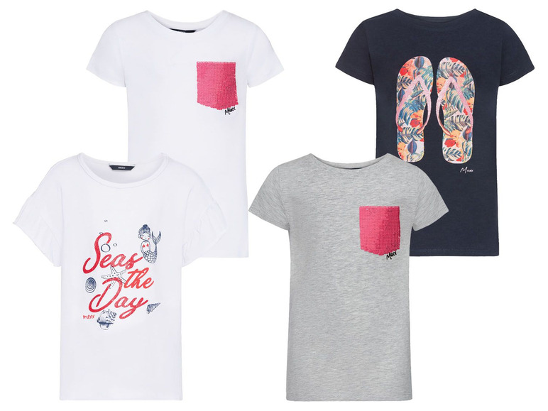 Vier Max & Co. T-Shirts mit Meerjungfrau, Flip-Flops und Pailletten.