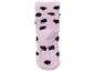 Ein Paar rosa Frotteesocken mit schwarzen Punkten.