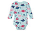 Ein Baby-Body mit langen Ärmeln und Dinosaurier-Motiv.