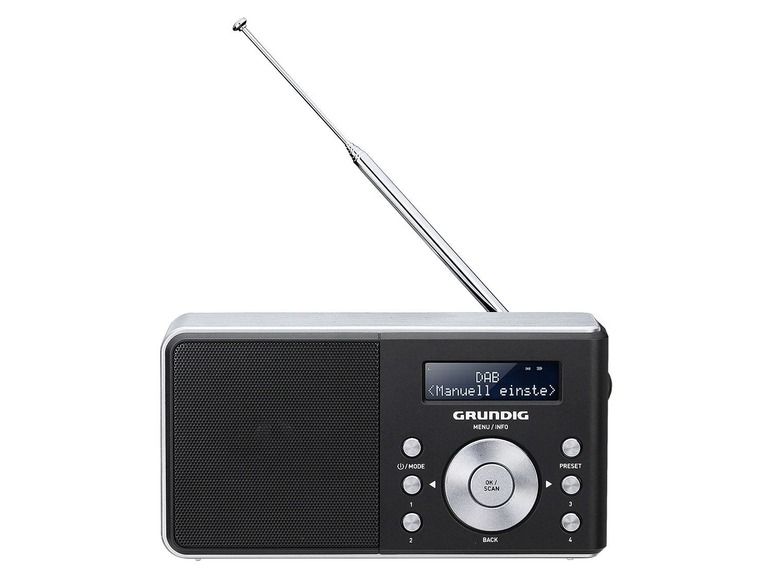 Ein silberfarbenes Grundig DAB+ Radio mit Teleskopantenne.