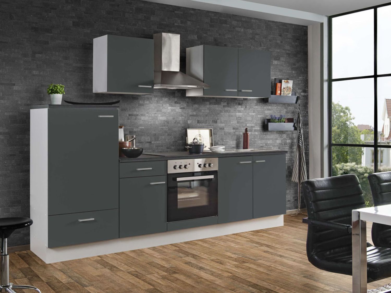 Menke Küchenzeile „Classic“ 270/280/300/310 cm (ohne Geschirrspüler, Bordstein, Anthrazit, 270 cm) | 04039354112325