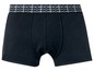 Schwarze Boxershorts mit kariertem Gummizug.