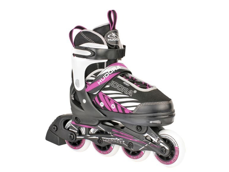 Schwarze Inline-Skates mit pinken und weißen Details der Marke Hudora.