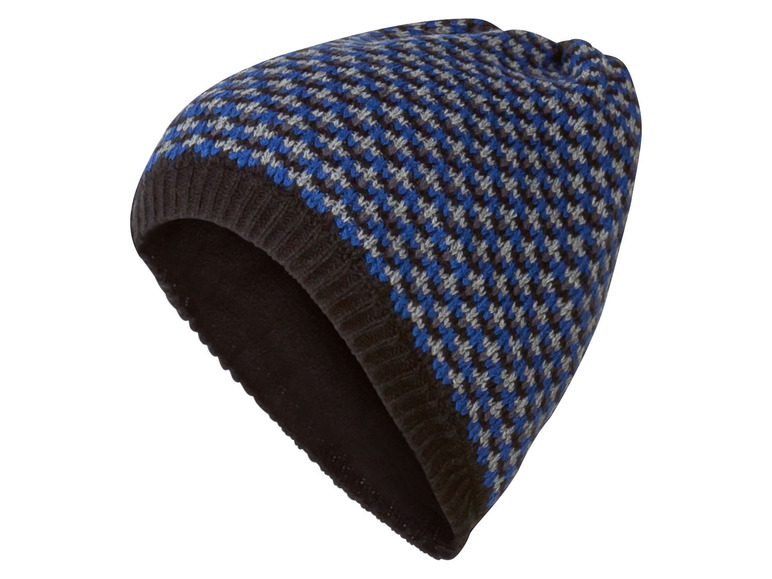 Eine schwarze Strickmütze mit blau-grauem Muster.