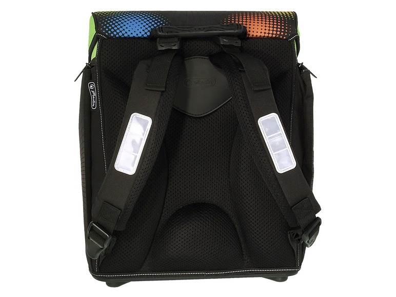 Schwarzer Rucksack mit Mesh-Rückenpanel, geeignet für die Schule.