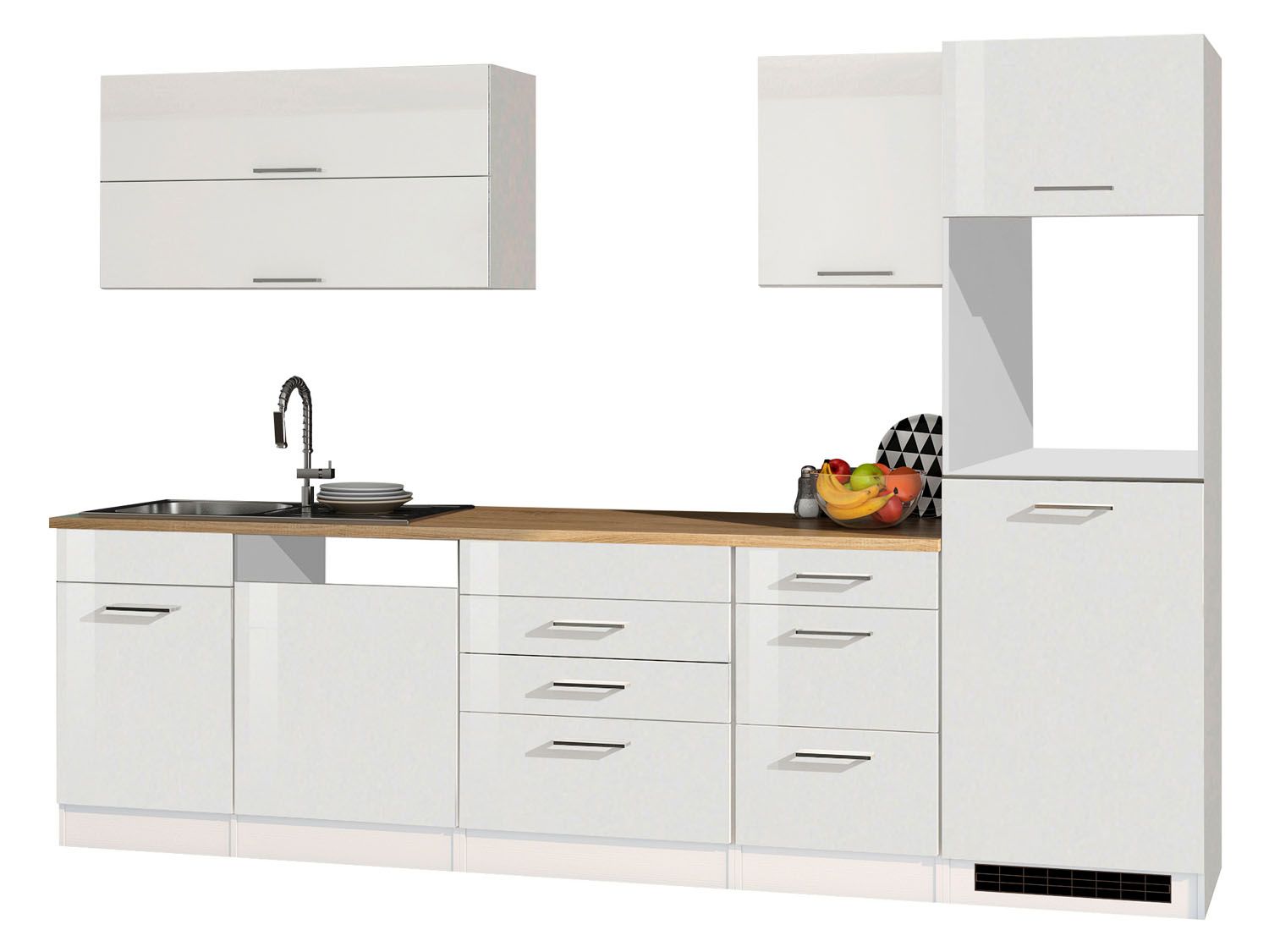 HELD Küchenzeile Mailand 220-390cm (ohne E-Geräe,Kühlschr. extern, Hochglanz-weiß/eiche sonoma, 300 cm) | 04251639434810