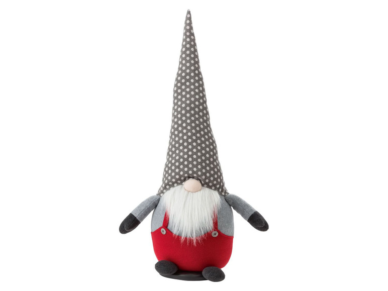 Weihnachts-Zwerg mit grauer Mütze mit weißen Punkten und roter Hose.