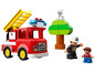 Lego Duplo Feuerwehrwagen, Feuerwehrmann und Baum mit Katze.