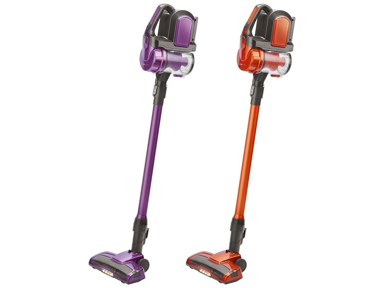 Zwei kabellose Staubsauger in Lila und Orange.