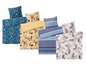 Drei verschiedene Bettwäsche-Sets mit Blumen- und Vogel-Muster, Streifen und Federn.