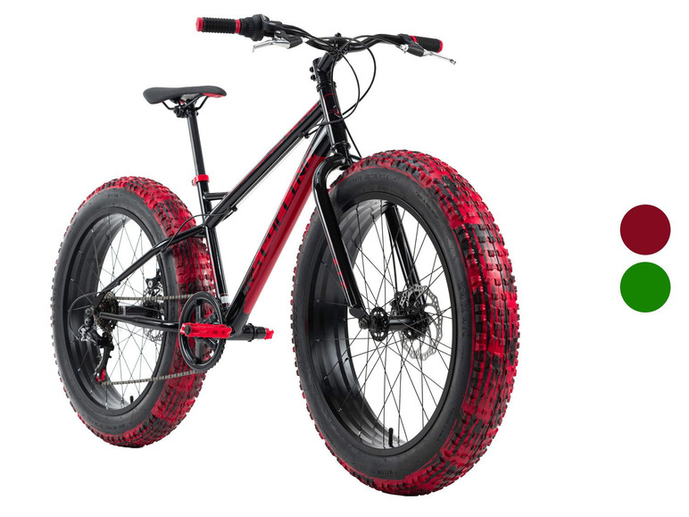 Schwarzes Fatbike mit roten Reifen.