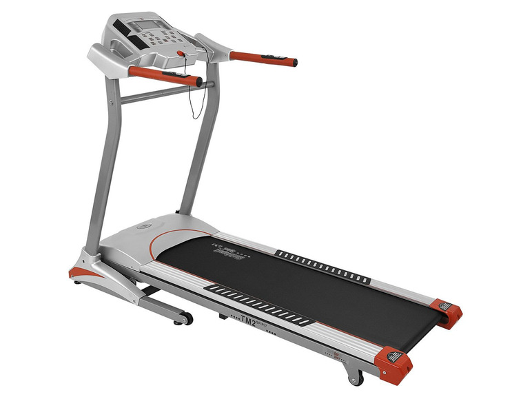 Ein silberfarbenes Laufband mit schwarzem Laufband und roten Akzenten.