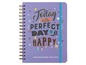 Ein lila Schulkalender mit dem Spruch 'Today is the perfect day to be happy'.