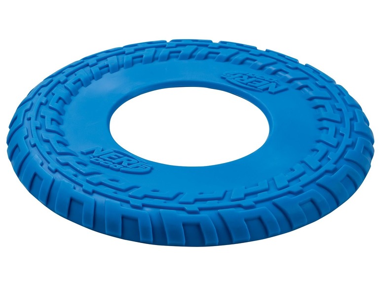 Ein blauer Nerf-Frisbee mit Reifenprofil.