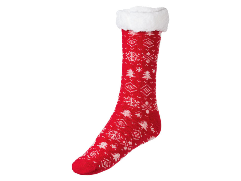 Ein roter Weihnachtsstrumpf mit weißem Fellbesatz.