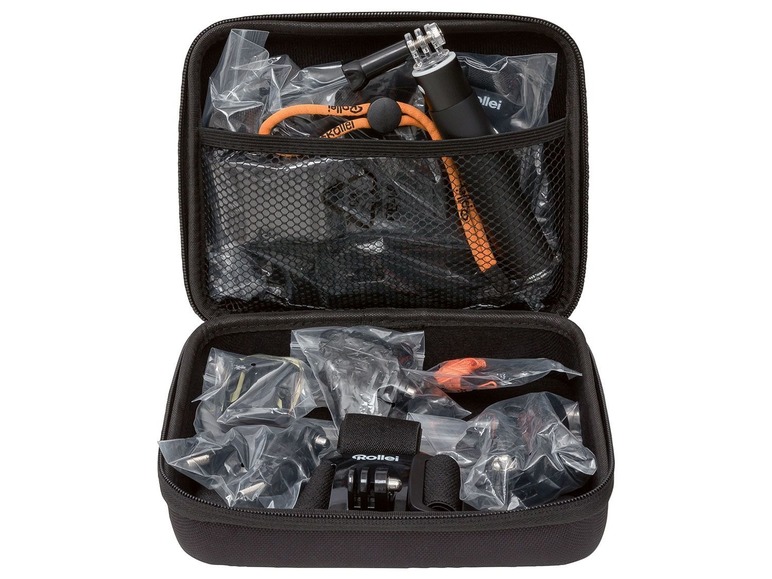 Eine Rollei-Tasche mit GoPro-Zubehör.