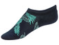 Eine dunkelblaue Socke mit tropischem Muster.