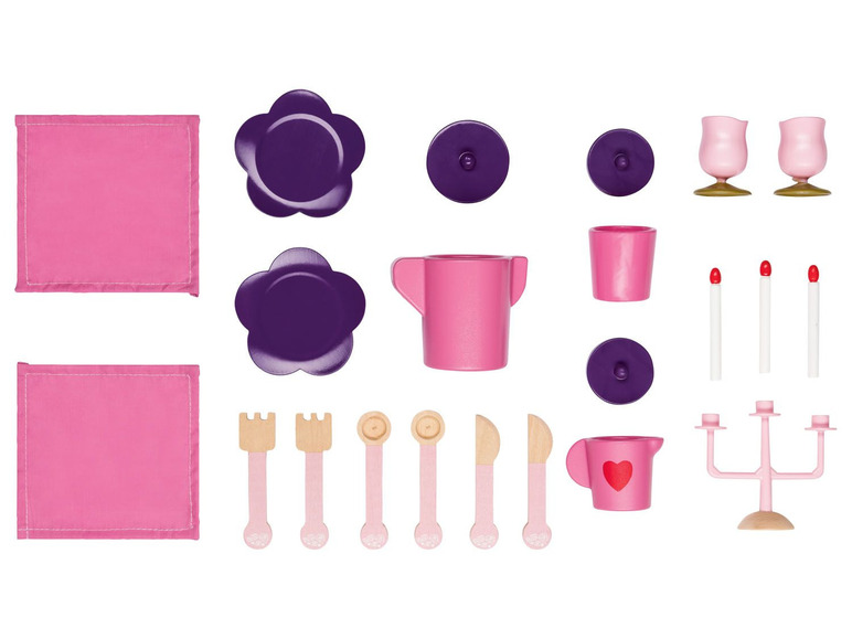 Ein Set rosa Spielzeuggeschirr und Besteck für Kinder.