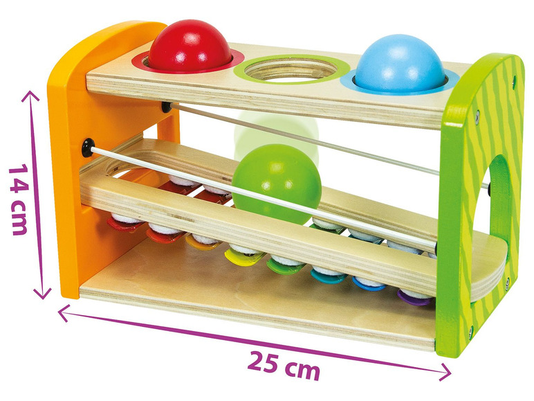 Holzspielzeug mit Kugelbahn, Sortieren und Xylophon.