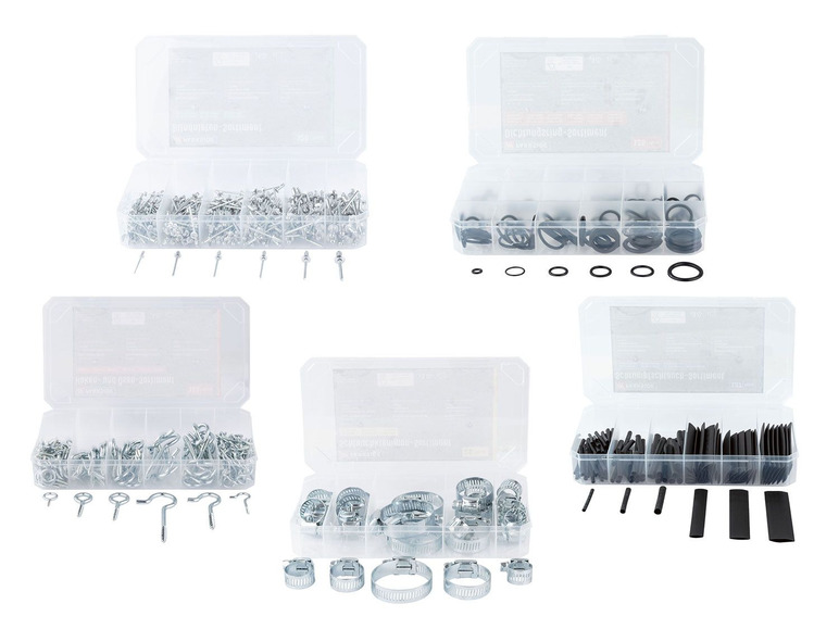 Sortiment mit Schrauben, Ringen, Haken, Kabelbindern und Schrumpfschläuchen