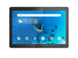Ein schwarzes Lenovo Tablet mit Google-Apps und blauem Hintergrund.