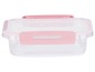 Eine rosa Lunchbox aus Kunststoff mit Deckel.