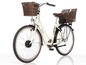 Ein weißes E-Bike mit zwei Weidenkörben.