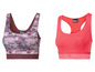 Zwei Sport-BHs von Crivit: einer mit rosa Marmor-Print und einer in unifarbenem Rosa.