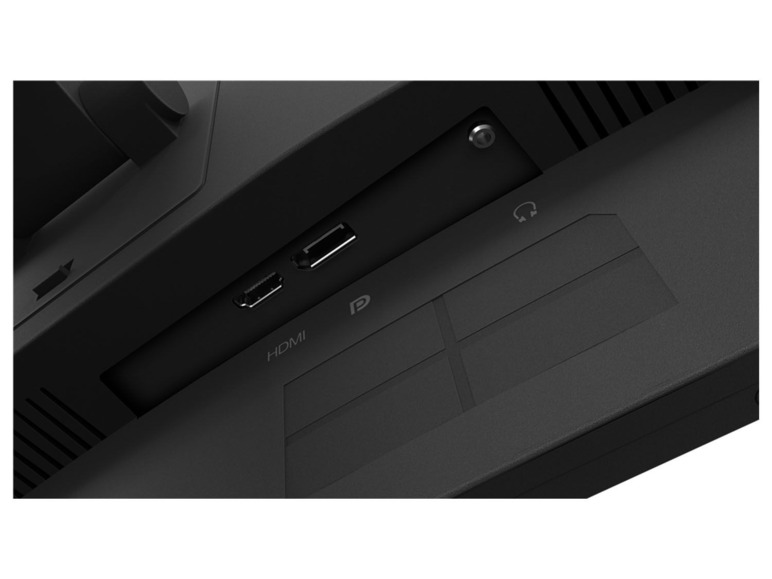 Die Rückseite eines Monitors mit HDMI-Anschluss, Kopfhöreranschluss und anderen Anschlüssen.