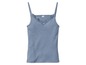 Ein blaues, geripptes Tanktop mit Spitze.