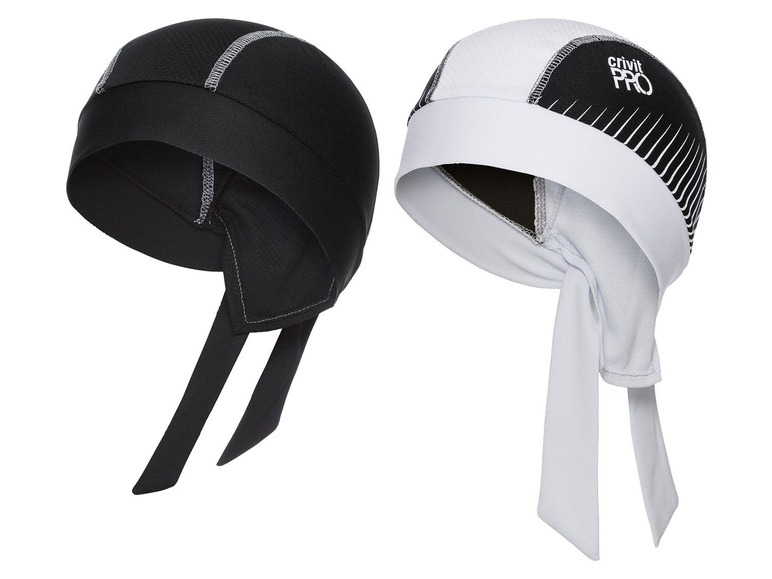 Schwarze und weiße Crivit Pro Stirnbänder mit langen Bändern.