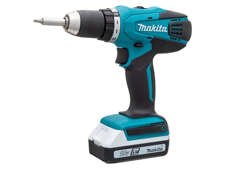 Ein blauer 18V Akku-Bohrschrauber von Makita mit Akku.