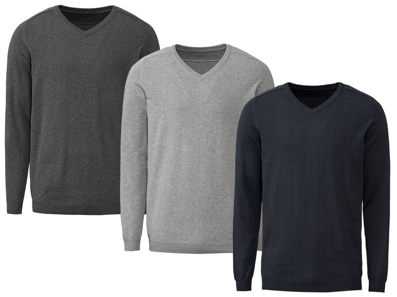 Drei V-Ausschnitt Pullover in Grau, Dunkelgrau und Dunkelblau.