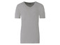 Ein graues Live-Energy V-Neck T-Shirt mit kurzen Ärmeln.