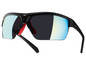 Schwarze Sonnenbrille mit blauen verspiegelten Gläsern.