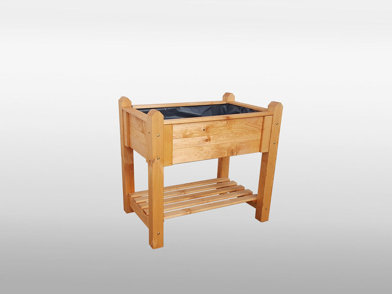 Ein Holz-Pflanzgefäß mit einem zusätzlichen Regal.