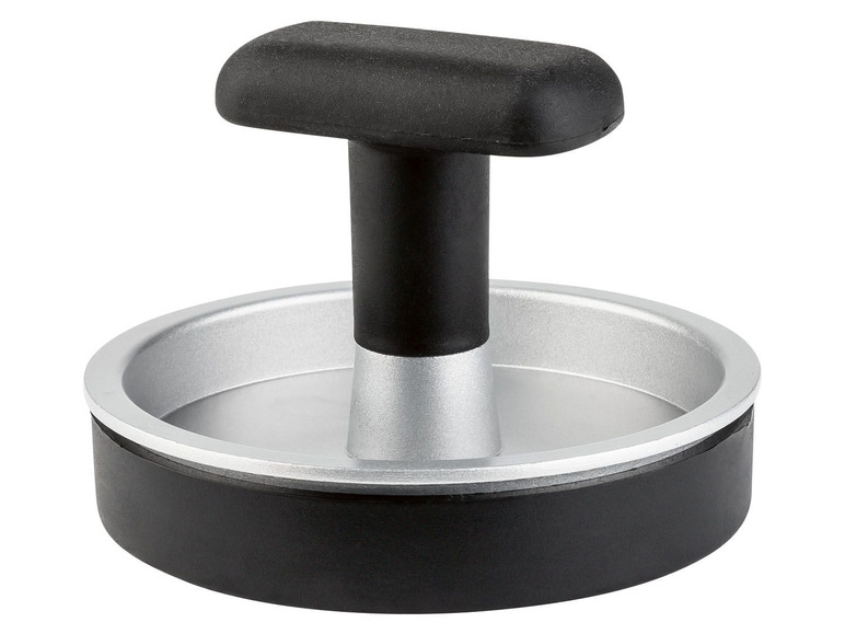 Ein Burger-Press aus Aluminium und schwarzem Kunststoff.