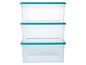 Drei transparente Aufbewahrungsboxen mit blauen Deckeln.