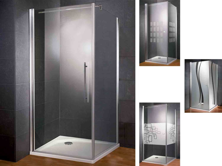 Drei Duschkabinen mit verschiedenen Glasdesigns.