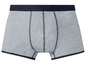 Graue Boxershorts mit blauem Bund.