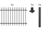 Ein schwarzer Metallzaun mit Streben und einem Pfosten mit Montagehalterung.