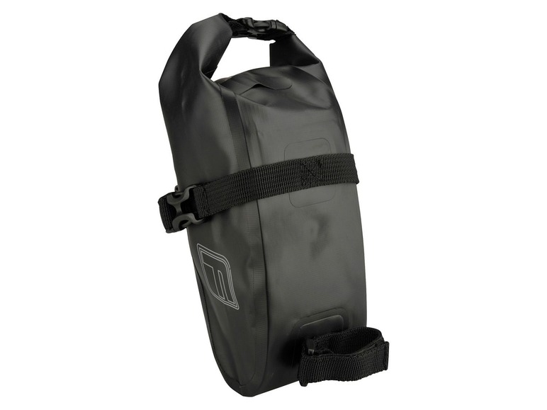 Schwarze wasserdichte Fahrradtasche mit Topeak Logo.