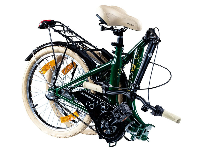 Ein grünes Agon Cruiser 20 Faltrad mit Gepäckträger.