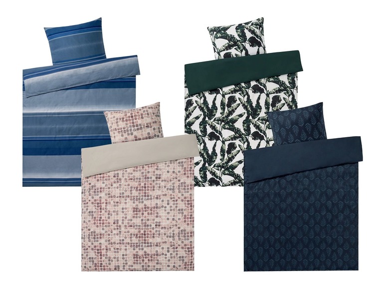 Bettwäsche mit blauen Streifen, grünen Blättern, Mosaikmuster und blauen Blättern