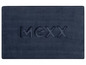 Eine dunkelblaue Badematte mit dem Mexx-Logo.