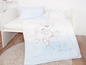 Ein Baby-Bettwäsche-Set mit blauen Streifen, einem Bären und einem Lamm.