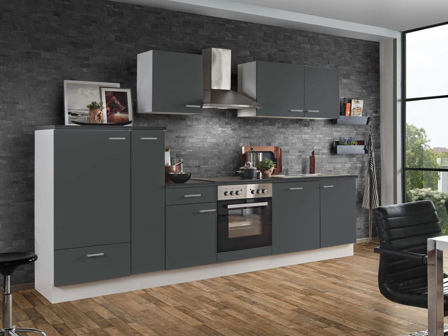 Menke Küchenzeile „Classic“ 270/280/300/310 cm (Geschirrspüler, frei Bordstein, Anthrazit, 310 cm) | 04039354115760