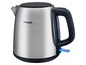 Ein silberner Wasserkocher von Philips mit schwarzem Griff.