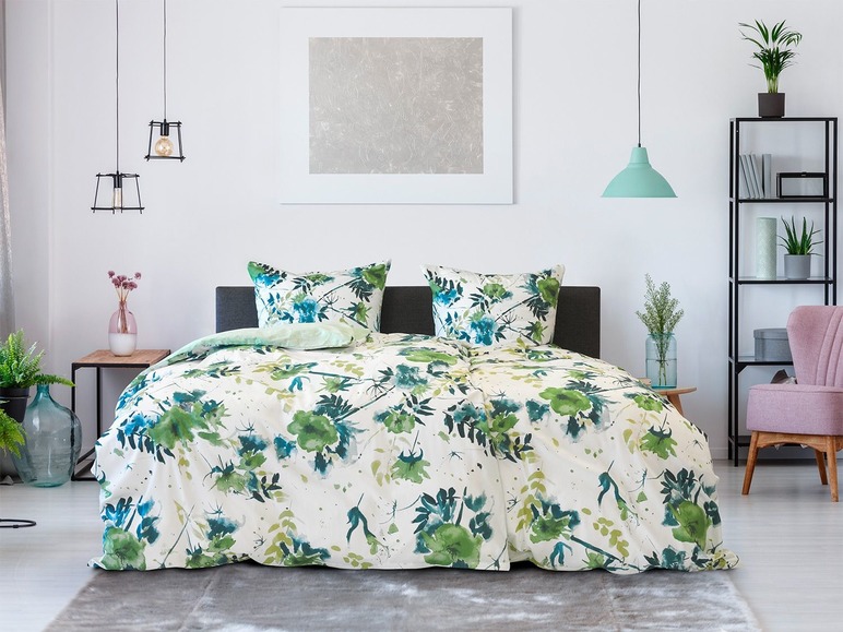 Gehe zu Vollbildansicht: Dobnig Mako-Satin Bettwäsche »Blumen grün«, Wendedesign, mit Reißverschluss - Bild 1